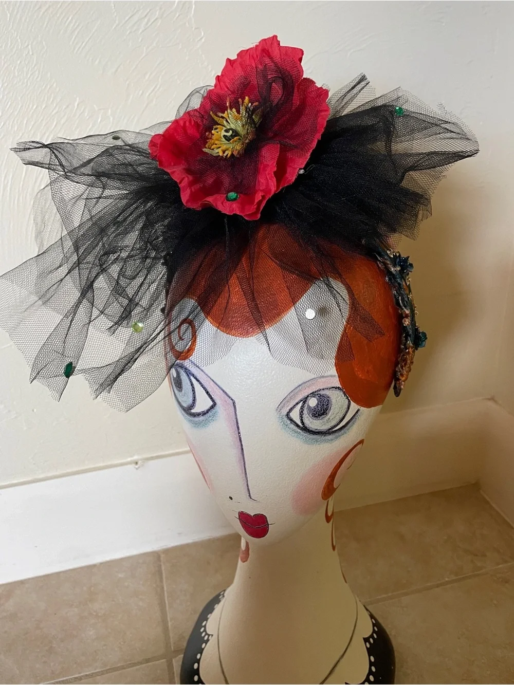 Handmade Gothic Floral Headband Black Tulle Red Flower Fascinator Halloween